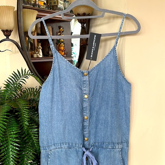 Brand New Smoke & Mirrors Blue Denim Jumpsuit Tencel Tie Cinched Waist Button Up - Picture 5 of 15